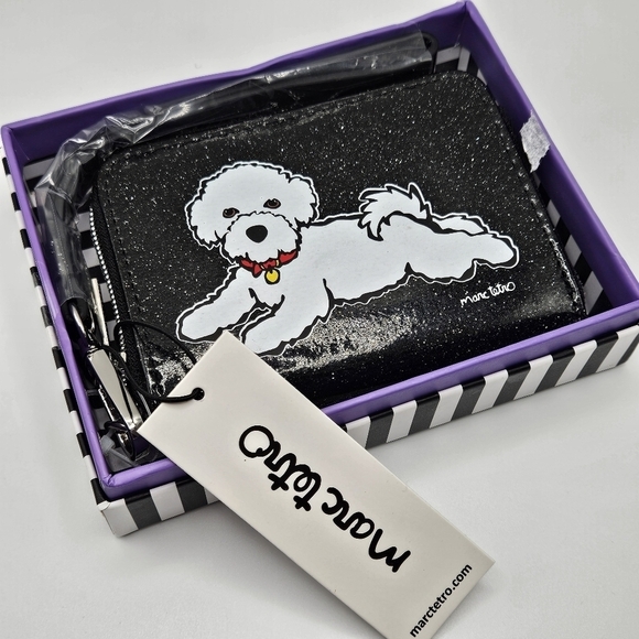 NEW Marc Tetro White Bichon Frise Dog Black Glitter Wristlet Wallet with Box - Picture 6 of 7